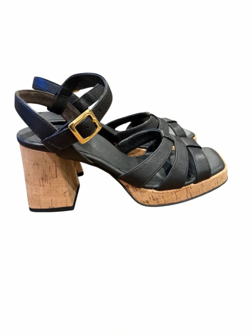 Black Cork Block Heel Sandals‎ with Ankle Strap